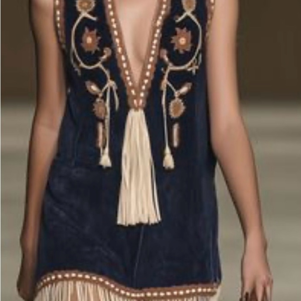 Boho Embroidered Tassel Mini Dress - Navy